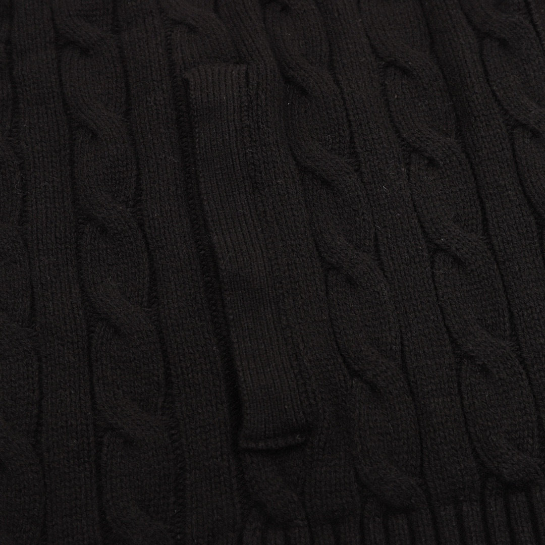 Polo Ralph Lauren Men's Cable-Knit Cotton Full-Zip Sweater – Black with Red Pony Logo