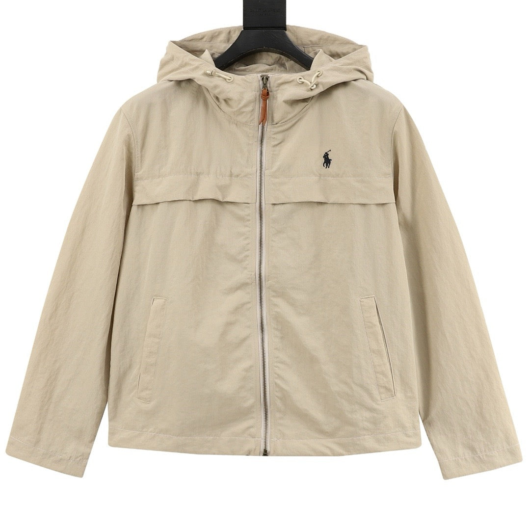 Polo Ralph Lauren Men's Hooded Windbreaker Classic Series, "Khaki" Full Zip Jacket With Navy Pony Embroidery Logo