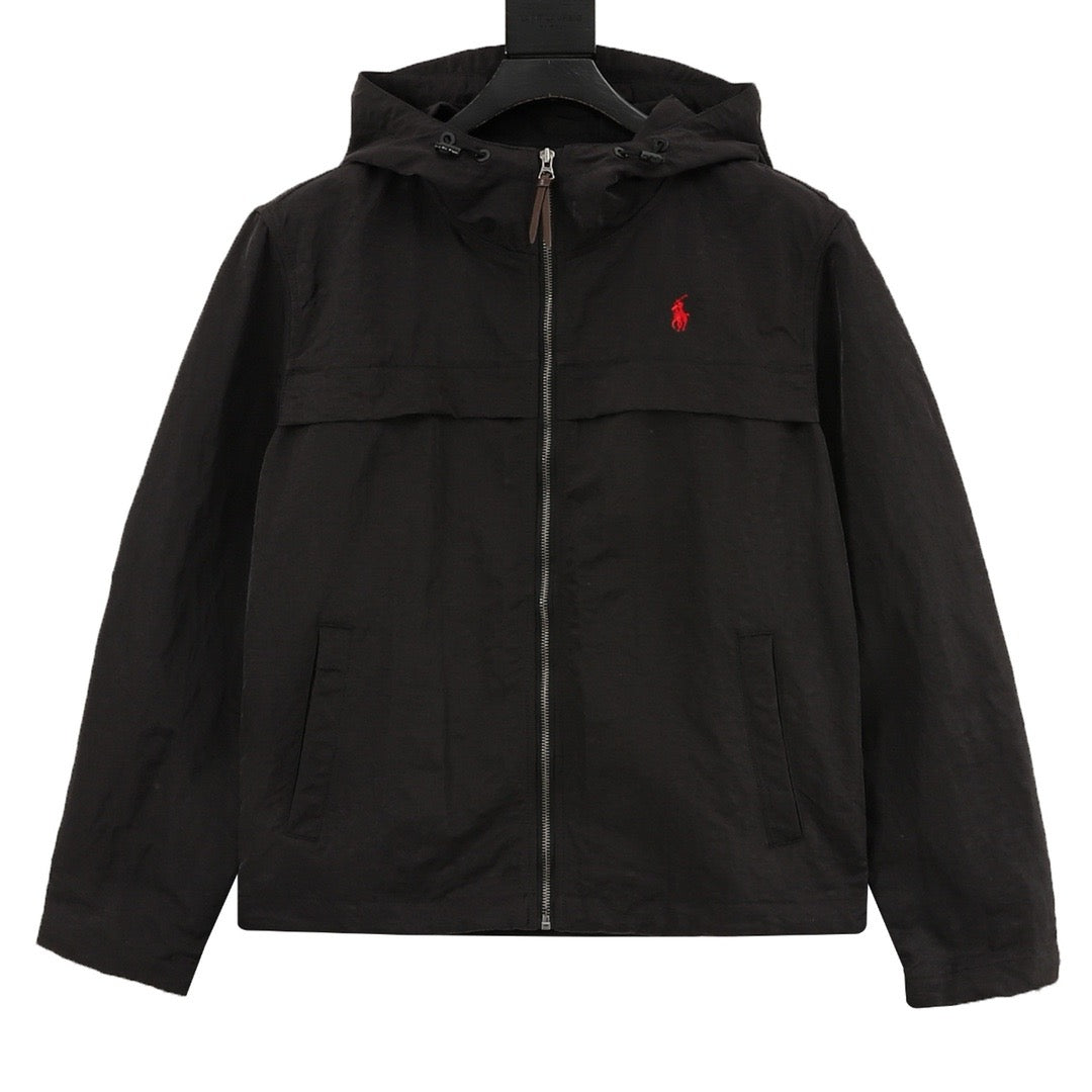 Polo Ralph Lauren Men's Hooded Windbreaker Classic Series, "Black" Full Zip Jacket With Red Pony Embroidery Logo