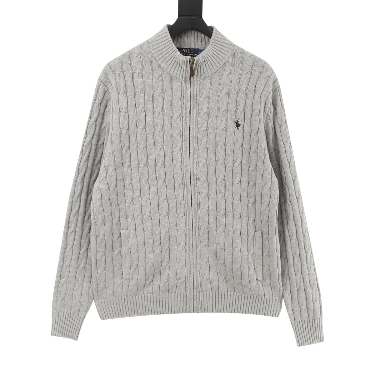 Polo Ralph Lauren Men's Cable Knit Sweater Classic Series, "Light Gray" Full Zip Stand Collar Cardigan With Navy Pony Embroidery Logo
