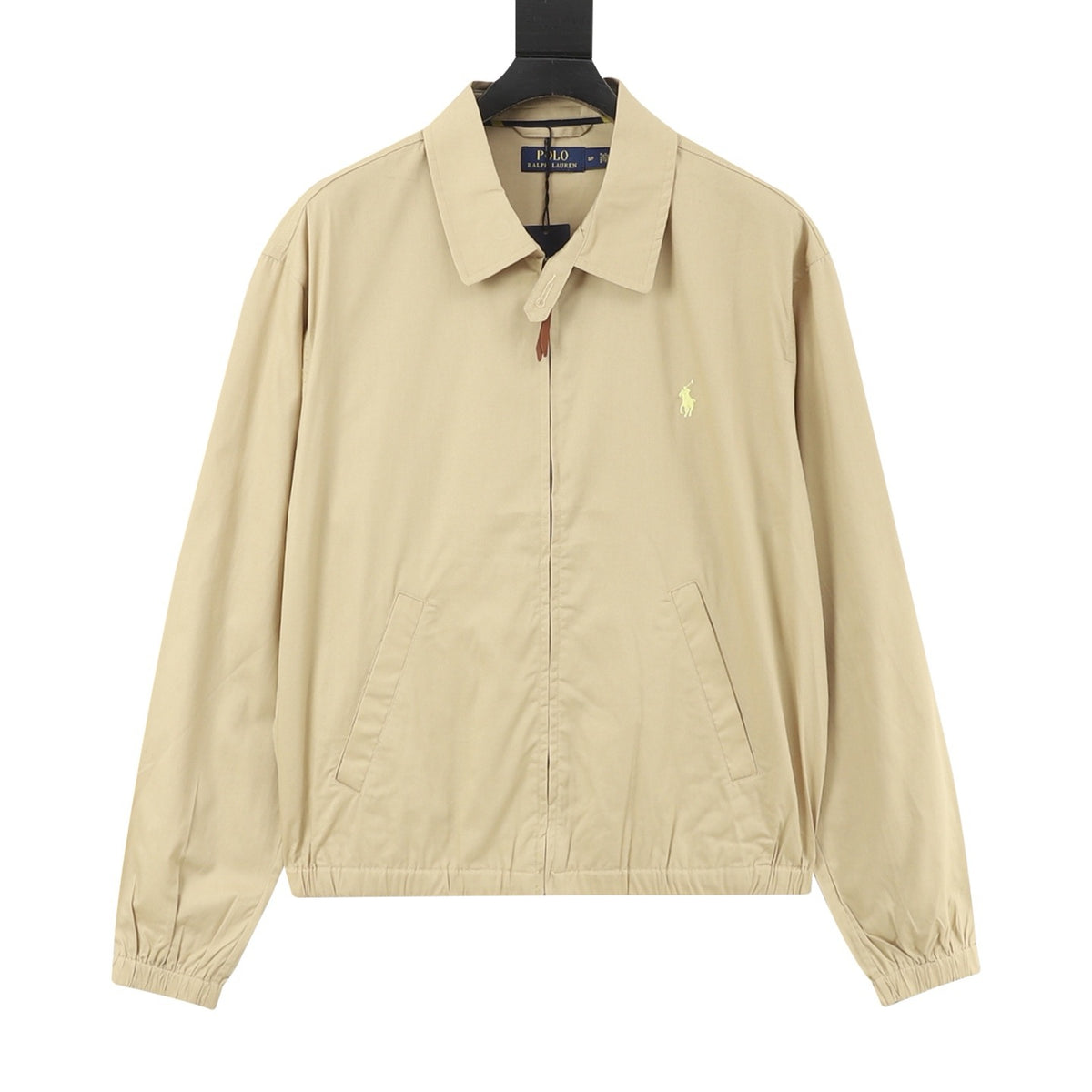 Polo Ralph Lauren Men's Harrington Jacket Classic Series, "Khaki" Lapel Full Zip Windbreaker With Yellow Pony Embroidery Logo