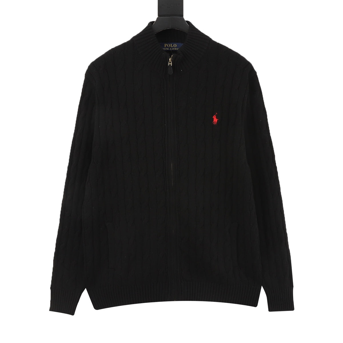 Polo Ralph Lauren Men's Cable Knit Sweater Classic Series, "Black" Full Zip Stand Collar Cardigan With Red Pony Embroidery Logo