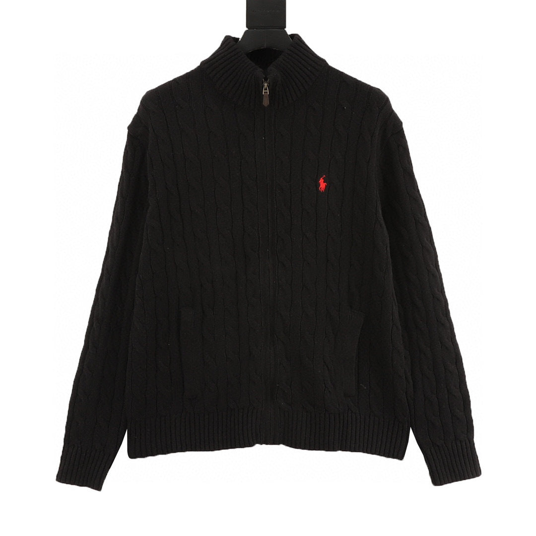 Polo Ralph Lauren Men's Cable-Knit Cotton Full-Zip Sweater – Black with Red Pony Logo