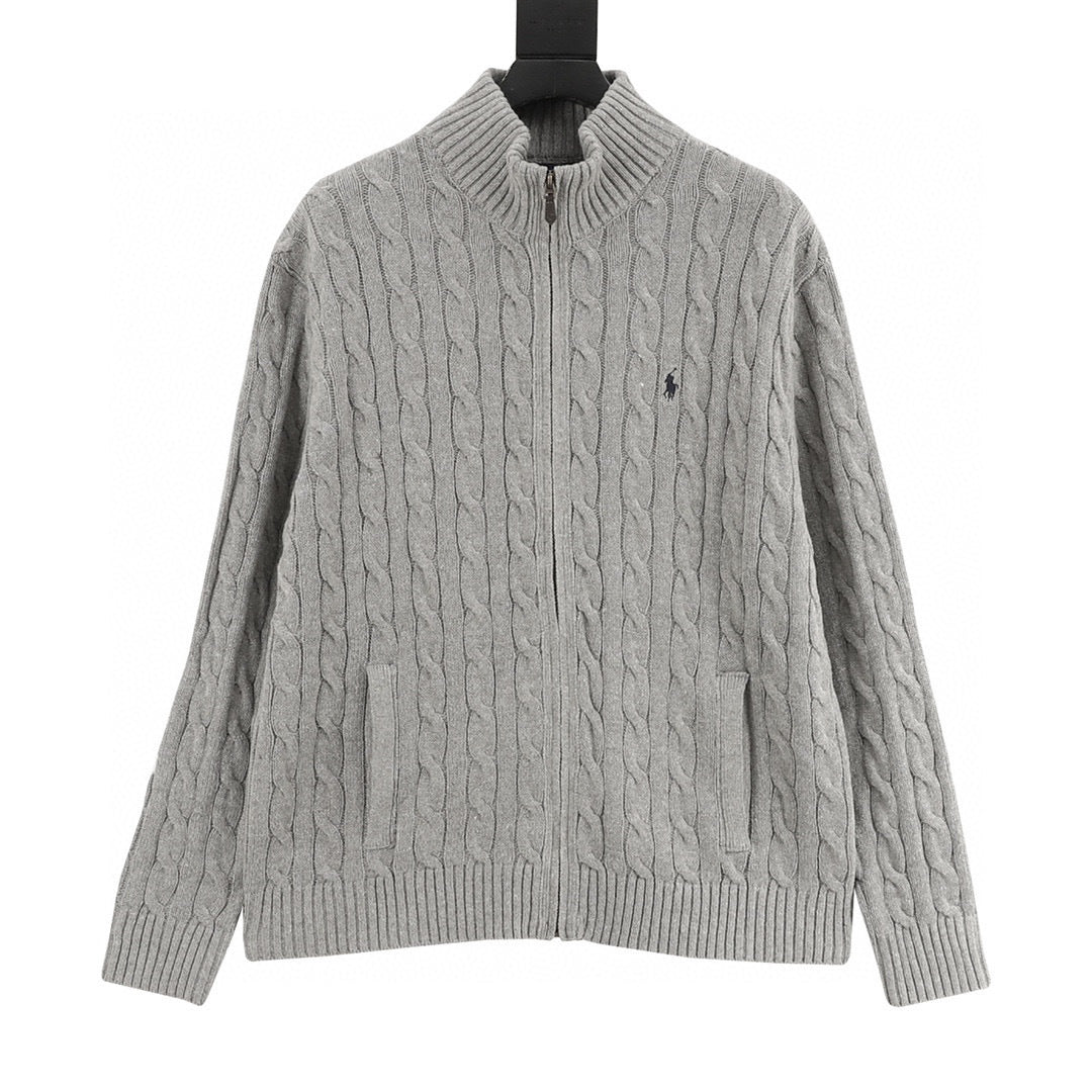 Polo Ralph Lauren Men's Cable-Knit Cotton Full-Zip Sweater – Heather Gray with Dark Pony Logo