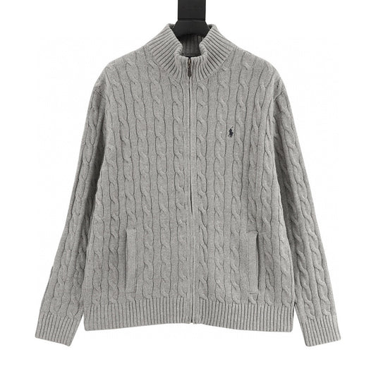 Polo Ralph Lauren Men's Cable-Knit Cotton Full-Zip Sweater – Heather Gray with Dark Pony Logo
