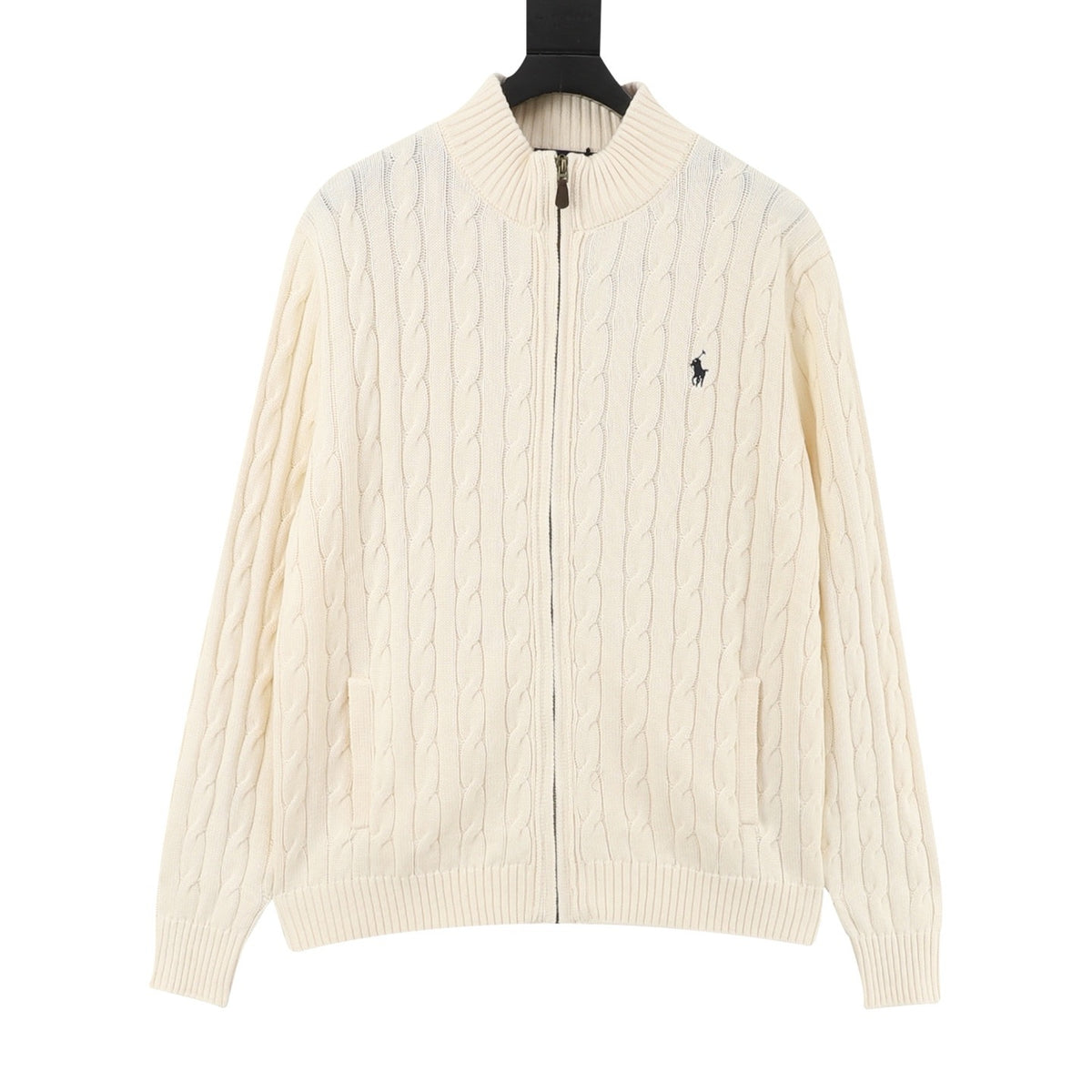 Polo Ralph Lauren Men's Cable Knit Sweater Classic Series, "Cream White" Full Zip Stand Collar Cardigan With Navy Pony Embroidery Logo