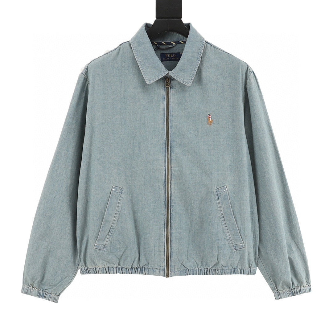 Polo Ralph Lauren Series Men's Light Wash Denim Harrington Jacket Multi Color Pony Embroidery Zip Casual Jacket