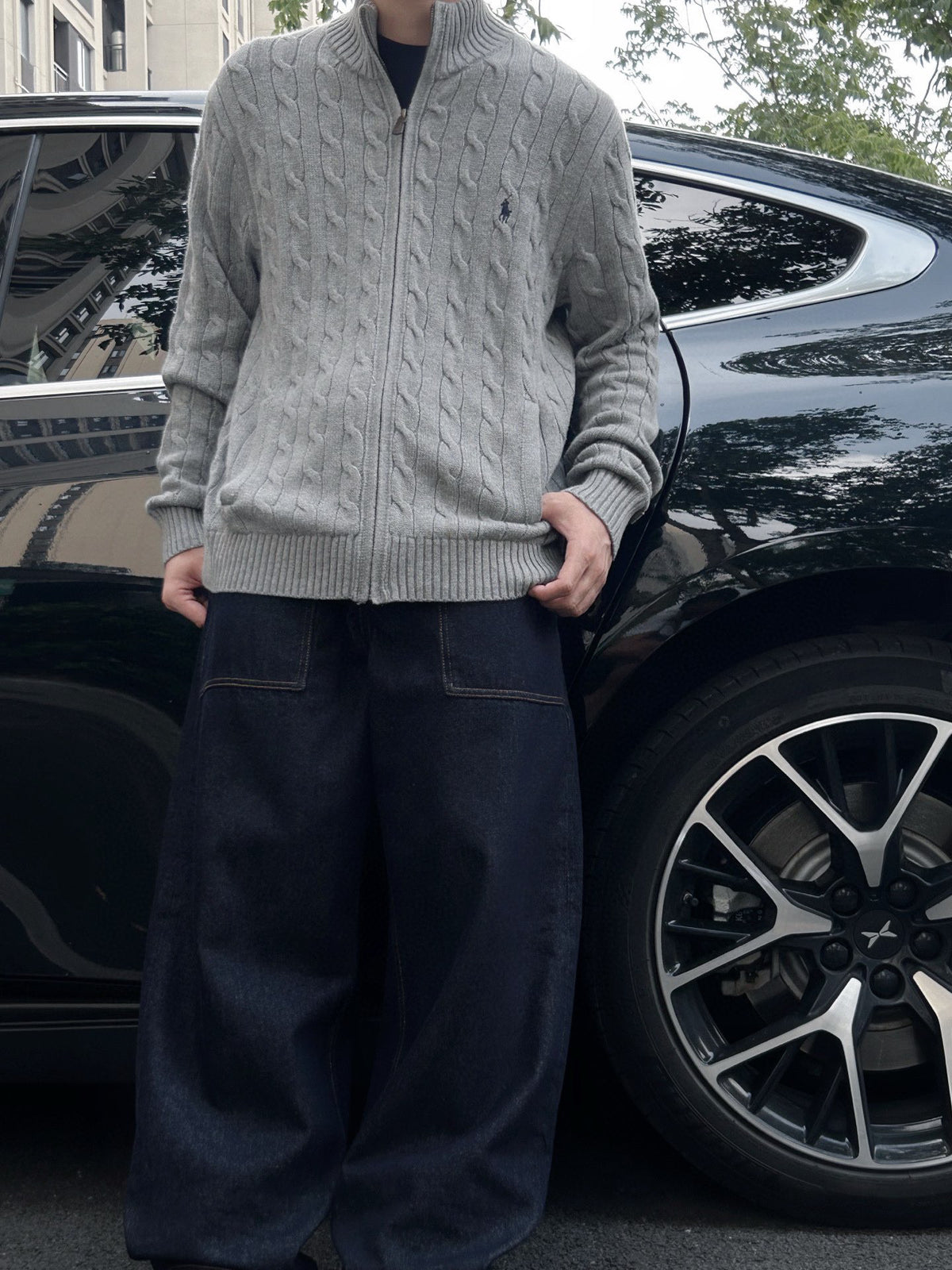 Polo Ralph Lauren Men's Cable-Knit Cotton Full-Zip Sweater – Heather Gray with Dark Pony Logo