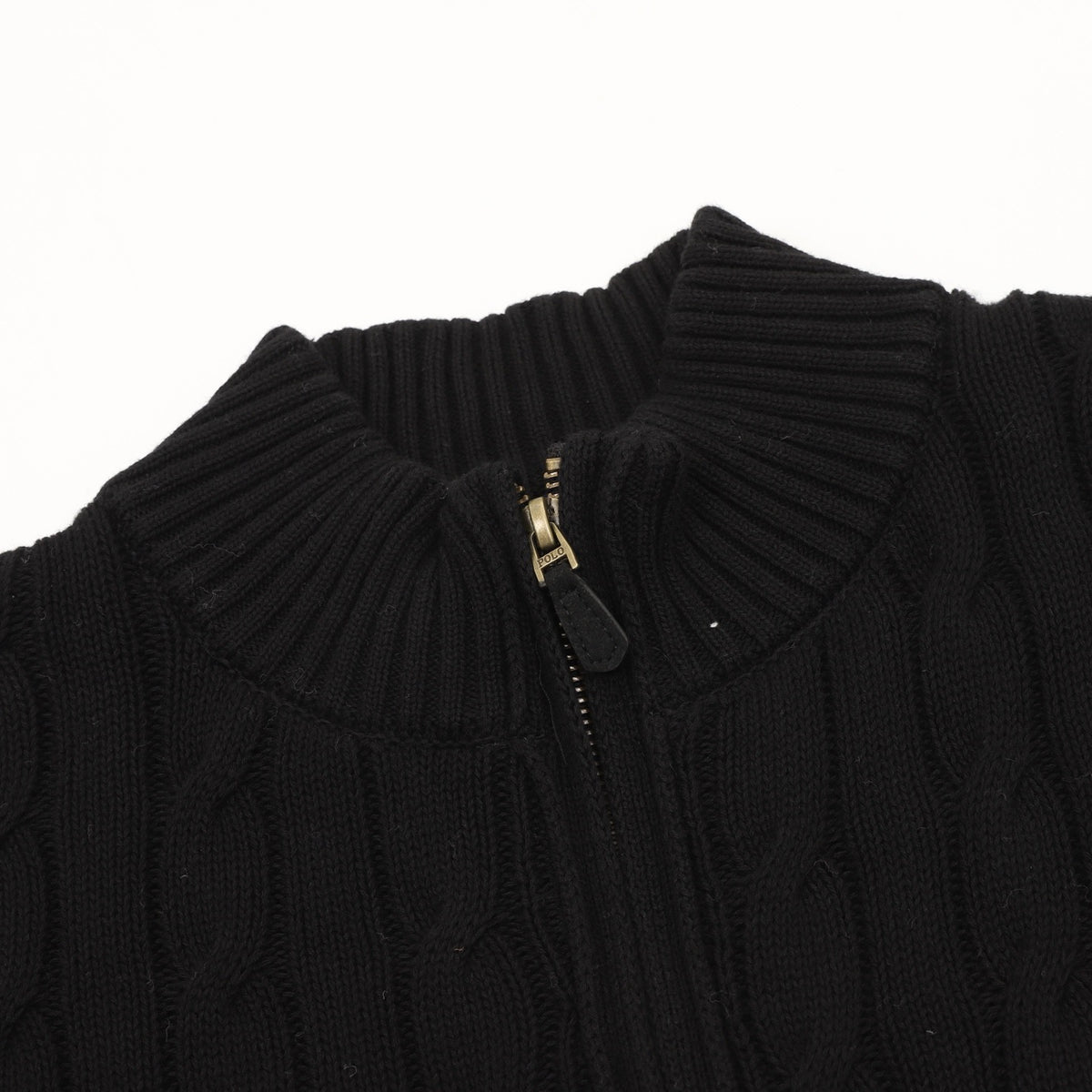 Polo Ralph Lauren Men's Cable Knit Sweater Classic Series, "Black" Full Zip Stand Collar Cardigan With Red Pony Embroidery Logo