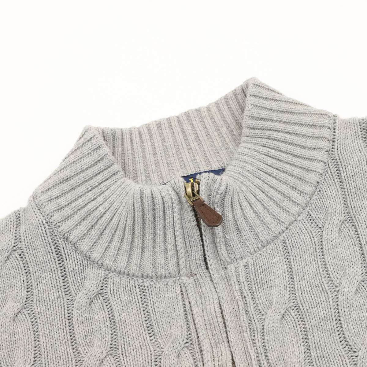 Polo Ralph Lauren Men's Cable Knit Sweater Classic Series, "Light Gray" Full Zip Stand Collar Cardigan With Navy Pony Embroidery Logo