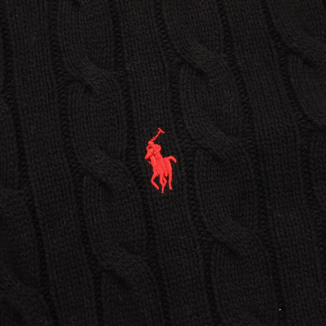 Polo Ralph Lauren Men's Cable-Knit Cotton Full-Zip Sweater – Black with Red Pony Logo