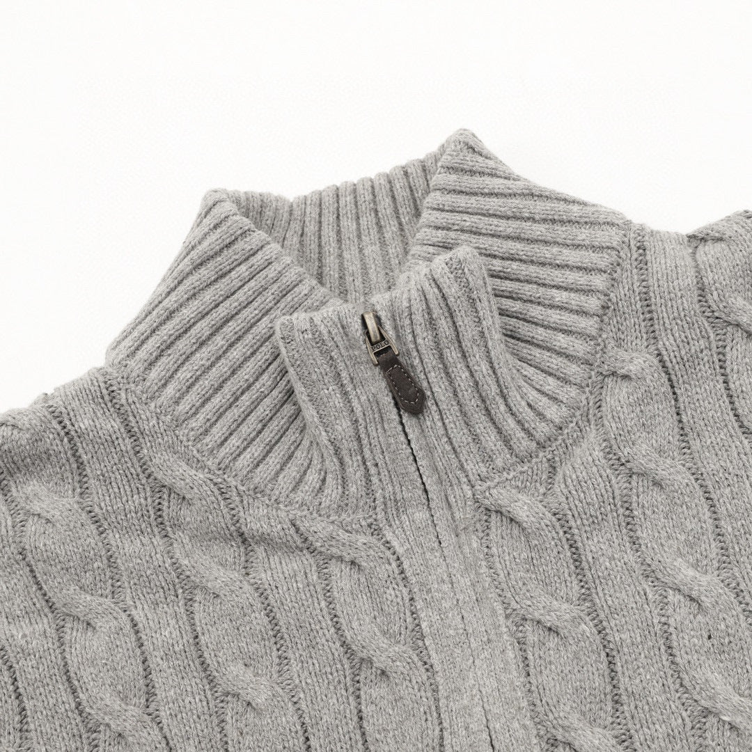 Polo Ralph Lauren Men's Cable-Knit Cotton Full-Zip Sweater – Heather Gray with Dark Pony Logo