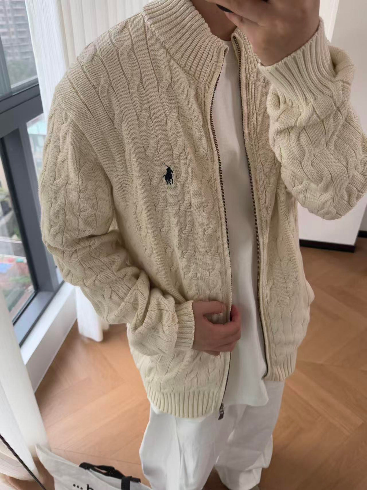 Polo Ralph Lauren Men's Cable Knit Sweater Classic Series, "Cream White" Full Zip Stand Collar Cardigan With Navy Pony Embroidery Logo