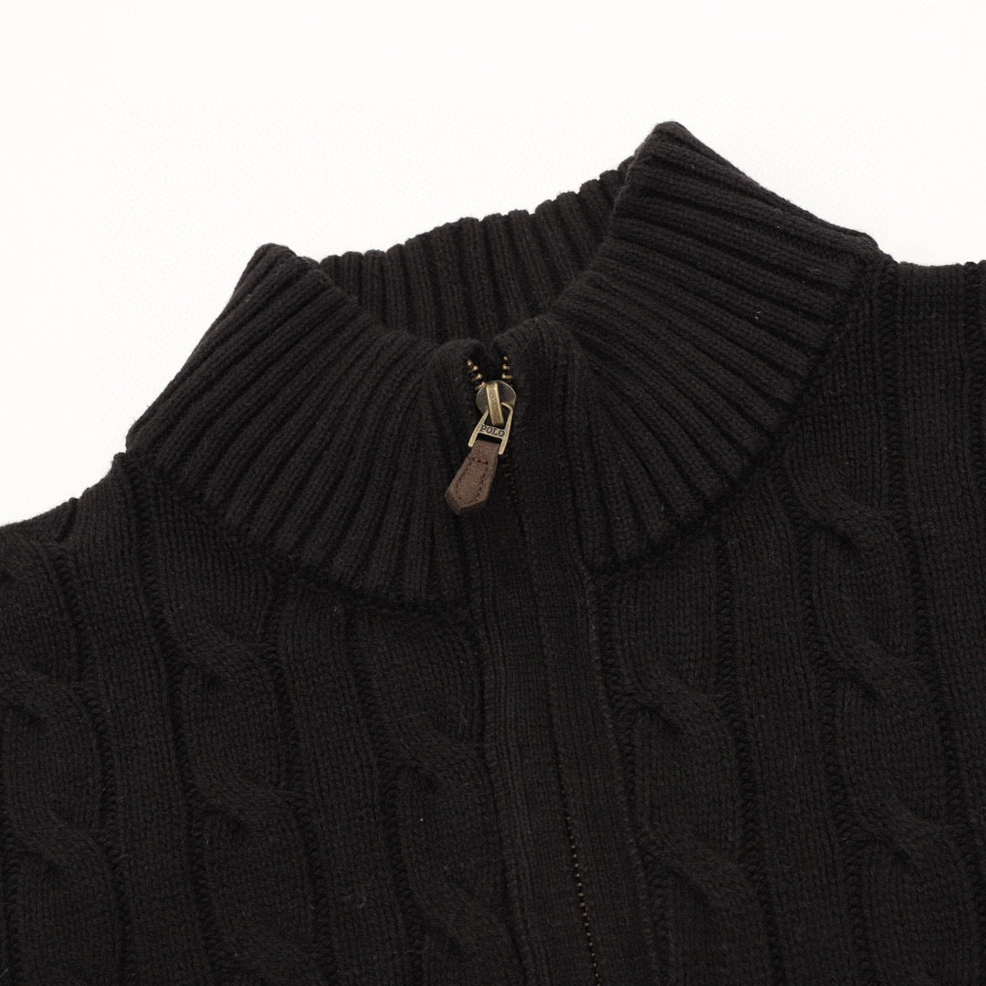 Polo Ralph Lauren Men's Cable-Knit Cotton Full-Zip Sweater – Black with Red Pony Logo
