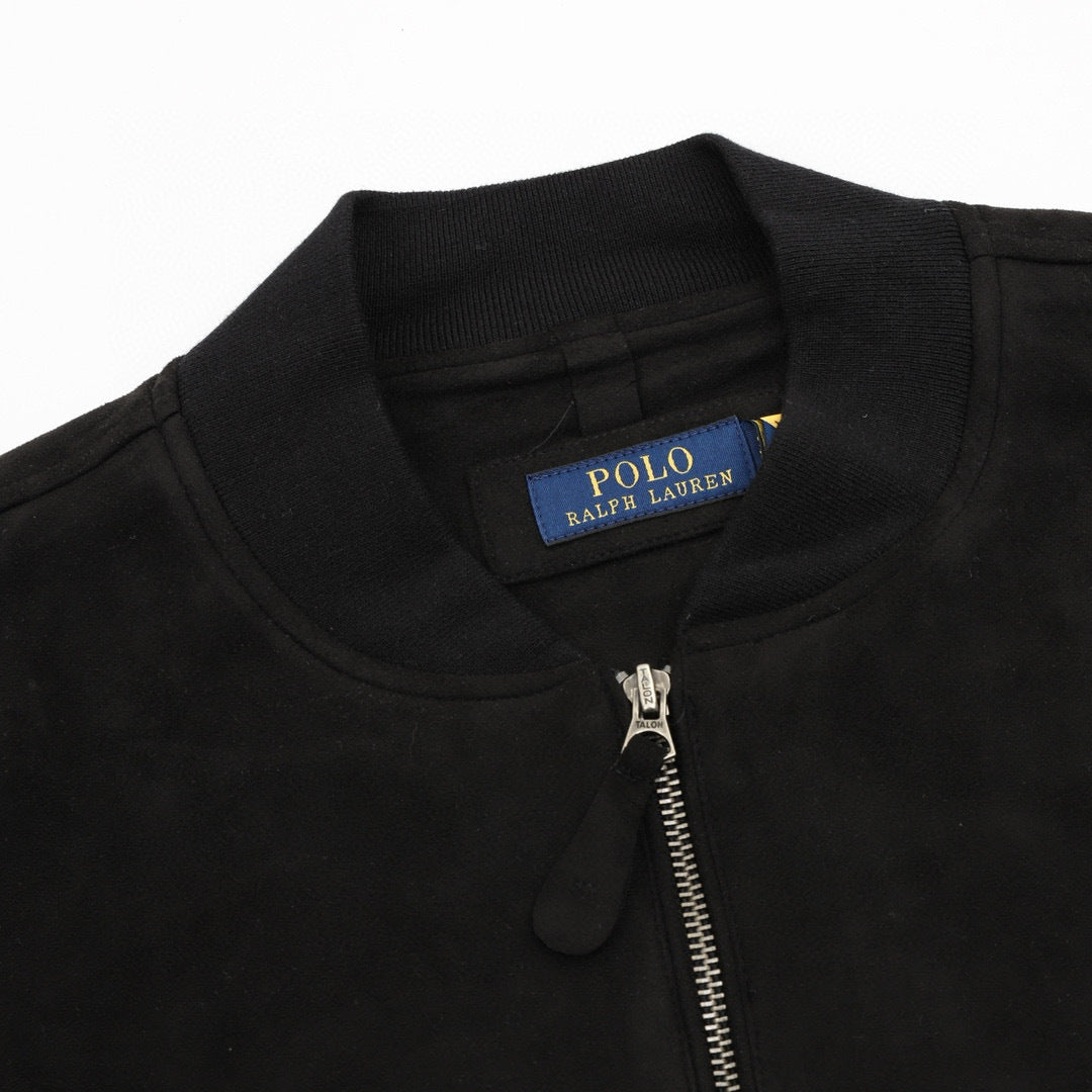 Polo Ralph Lauren Unisex Black Suede Bomber Jacket with Tonal Pony Logo