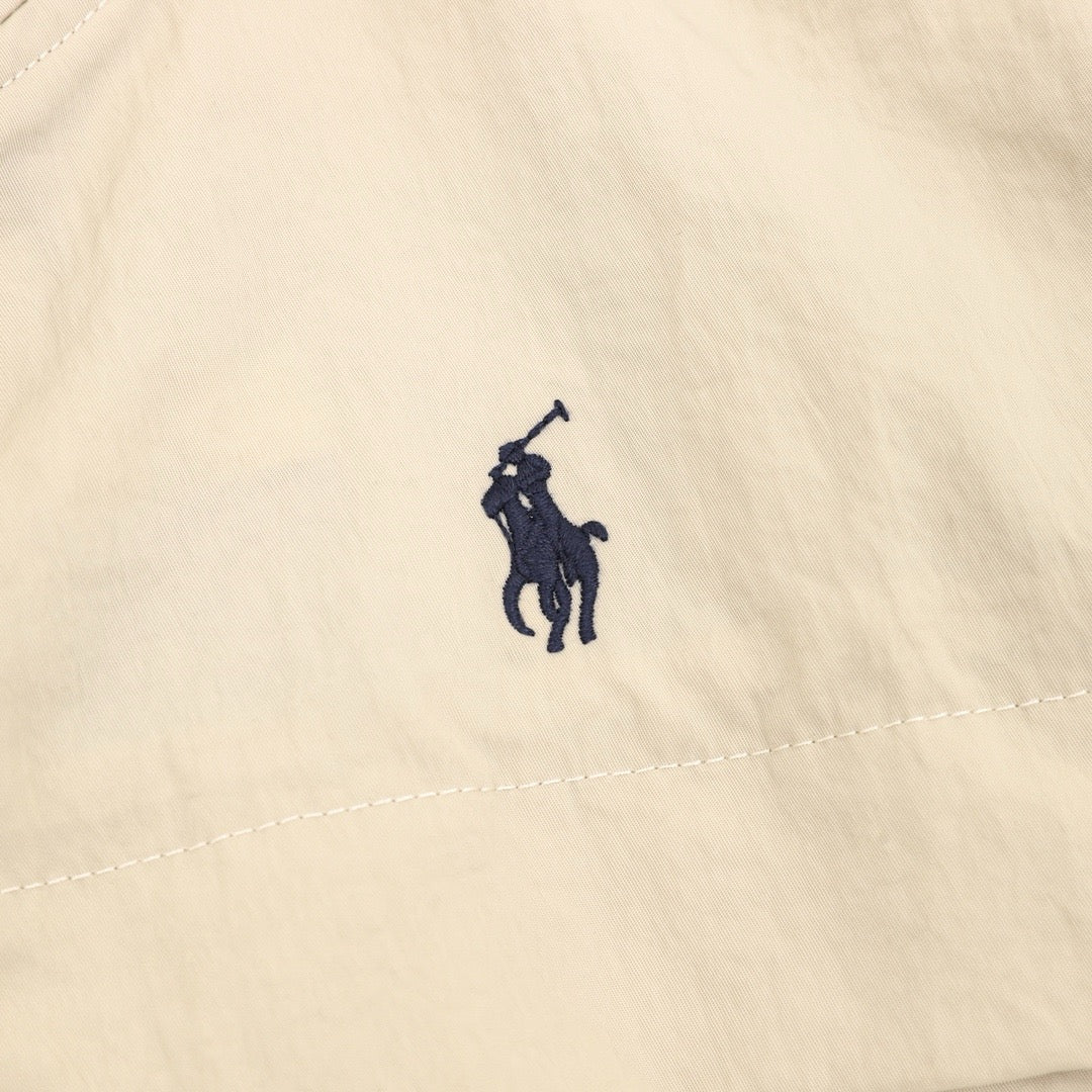 Polo Ralph Lauren Men's Hooded Windbreaker Classic Series, "Khaki" Full Zip Jacket With Navy Pony Embroidery Logo