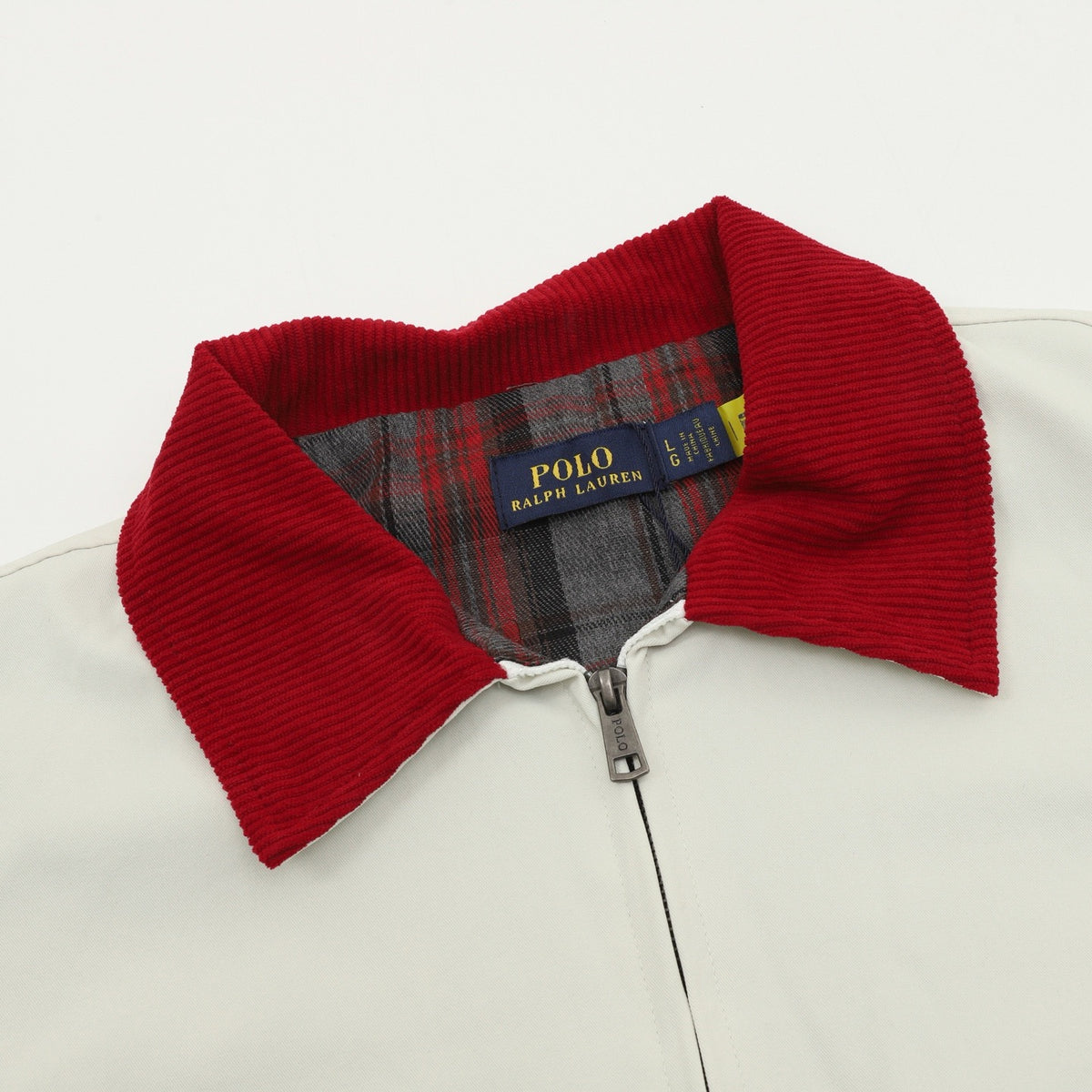 Polo Ralph Lauren Men's Harrington Jacket Classic Series, "Off White" Corduroy Collar Full Zip Windbreaker With Red Pony Embroidery Logo