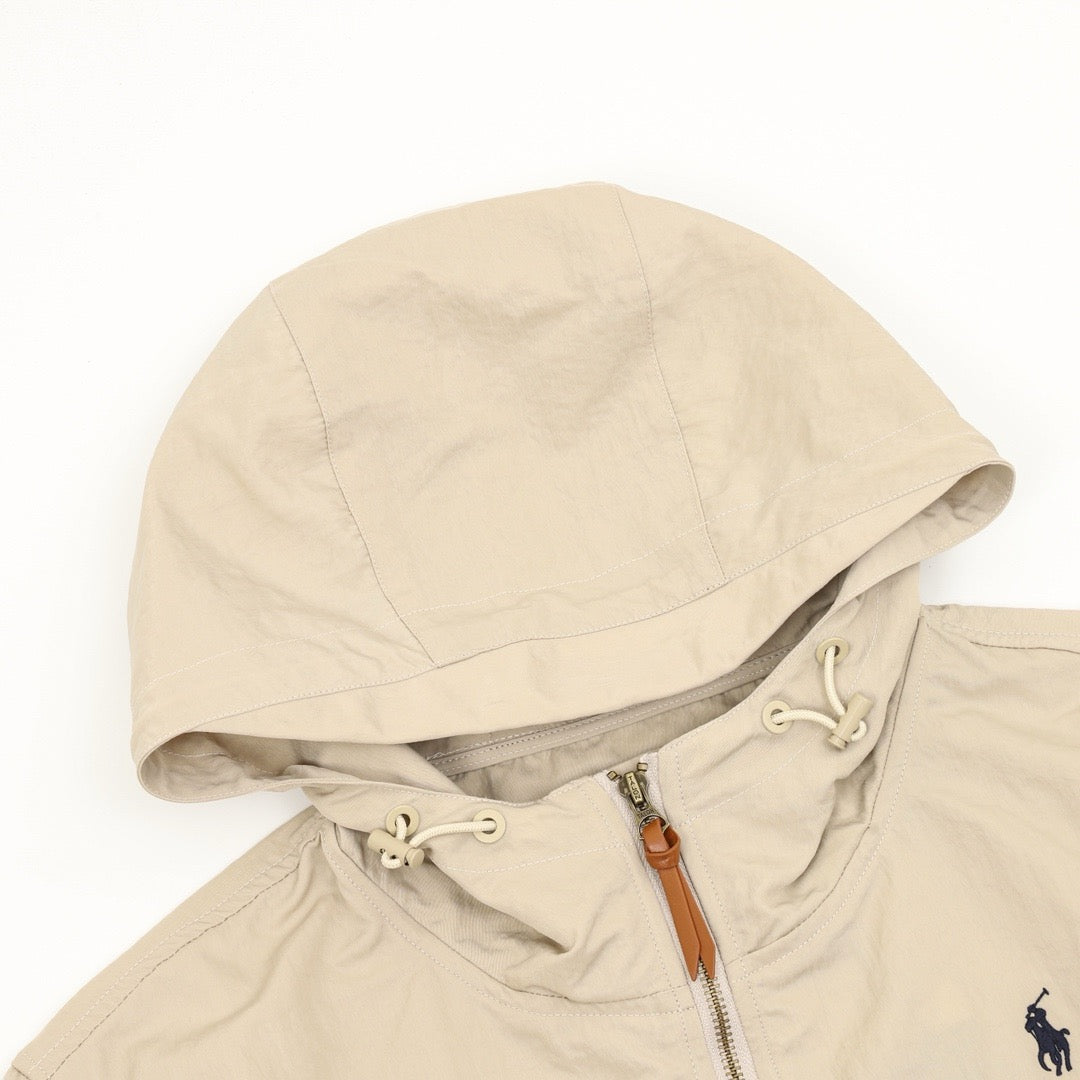 Polo Ralph Lauren Men's Hooded Windbreaker Classic Series, "Khaki" Full Zip Jacket With Navy Pony Embroidery Logo