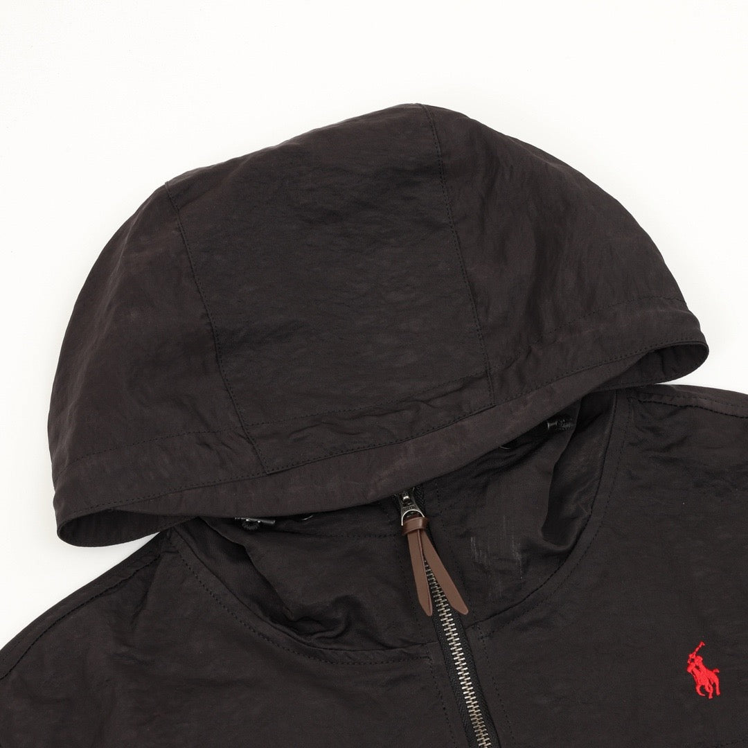 Polo Ralph Lauren Men's Hooded Windbreaker Classic Series, "Black" Full Zip Jacket With Red Pony Embroidery Logo