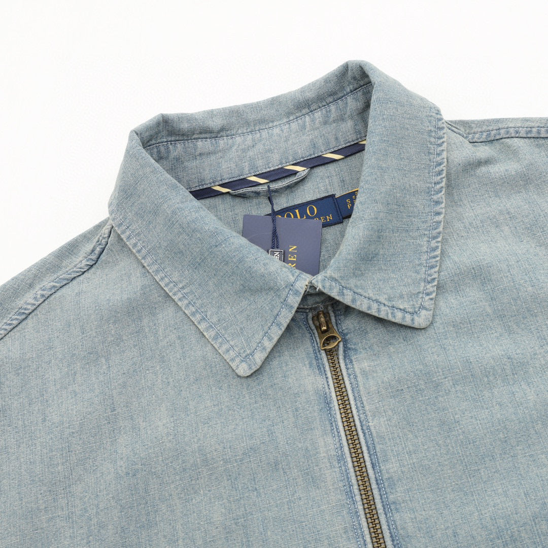 Polo Ralph Lauren Series Men's Light Wash Denim Harrington Jacket Multi Color Pony Embroidery Zip Casual Jacket