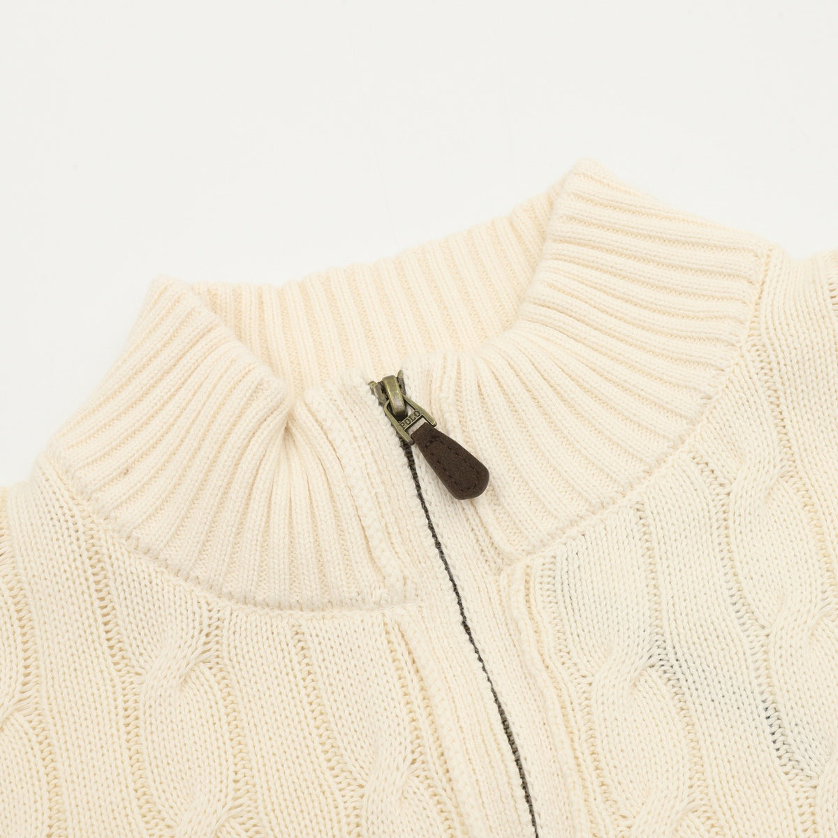 Polo Ralph Lauren Men's Cable Knit Sweater Classic Series, "Cream White" Full Zip Stand Collar Cardigan With Navy Pony Embroidery Logo
